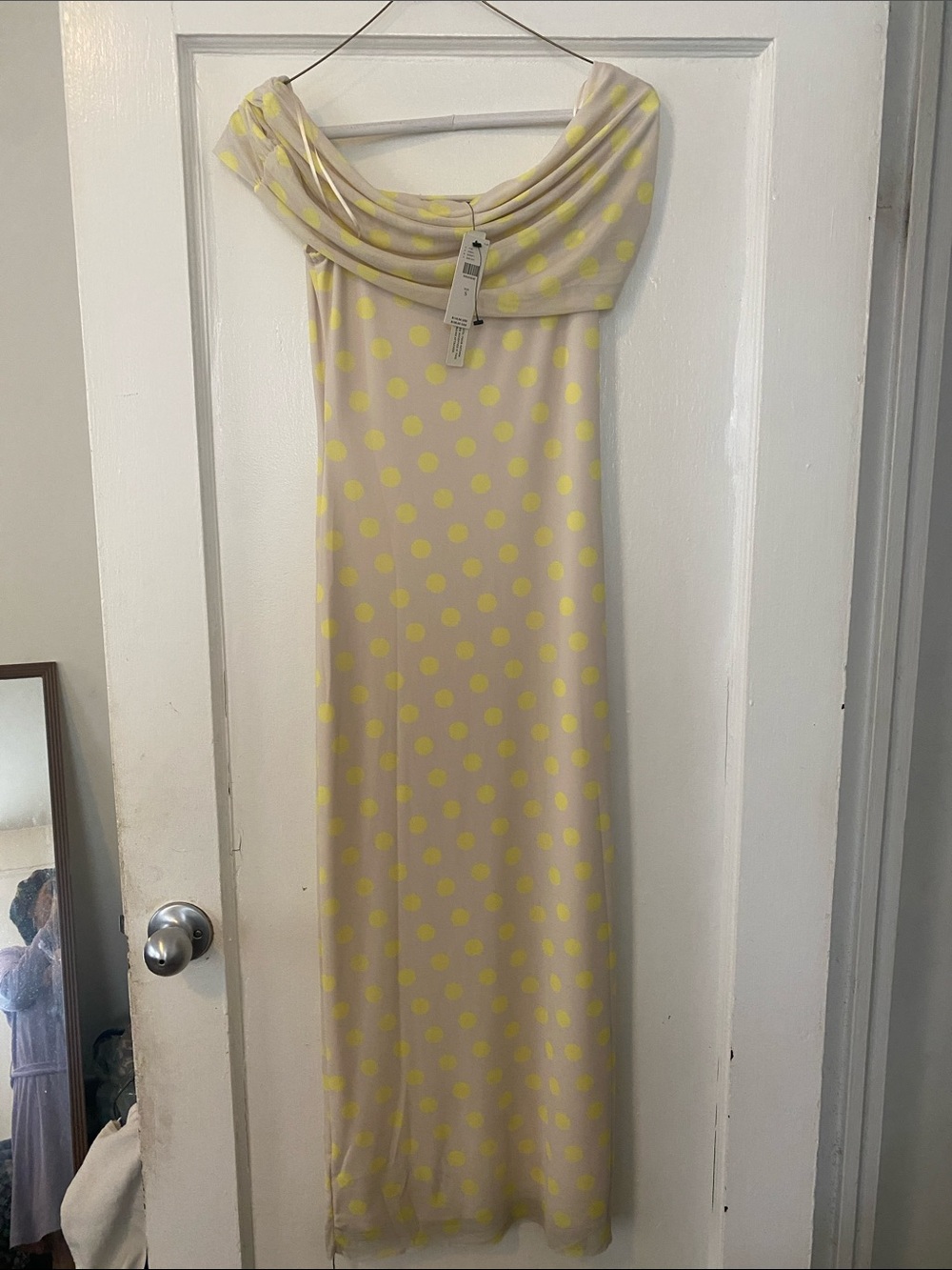 Anthropologie One-Shoulder Cream Dress with Yellow Polka Dots